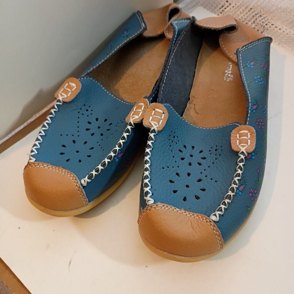 UJoowalk Women Sz 44 (11.5) Blue Tan Leather Cowhide Loafer Shoe Casual Slip Ons